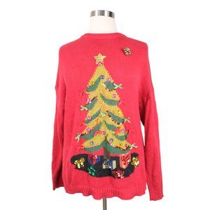 Vintage QS International Ugly Christmas Sweater Red Sz L Holiday Christmas Tree